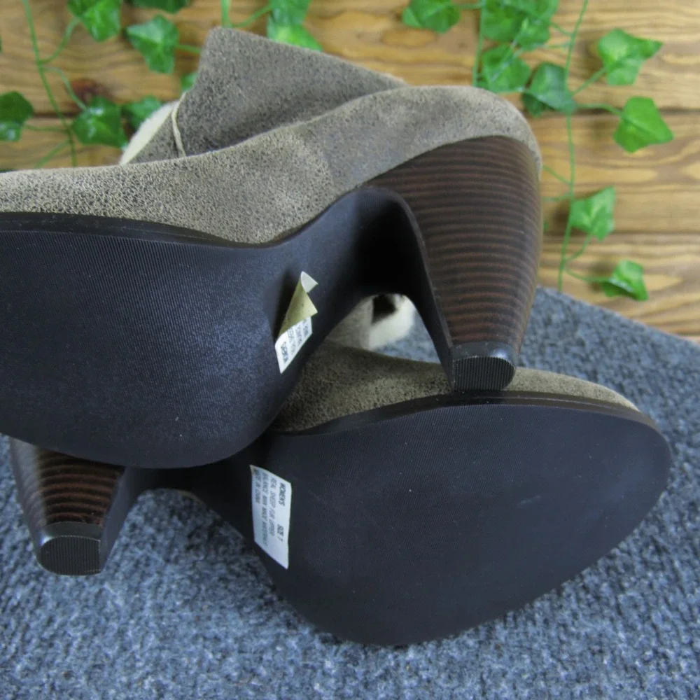 Womens Ankle Boots High Heel‎ Sheep Fur Cuff Taupe Brown Western Booties
